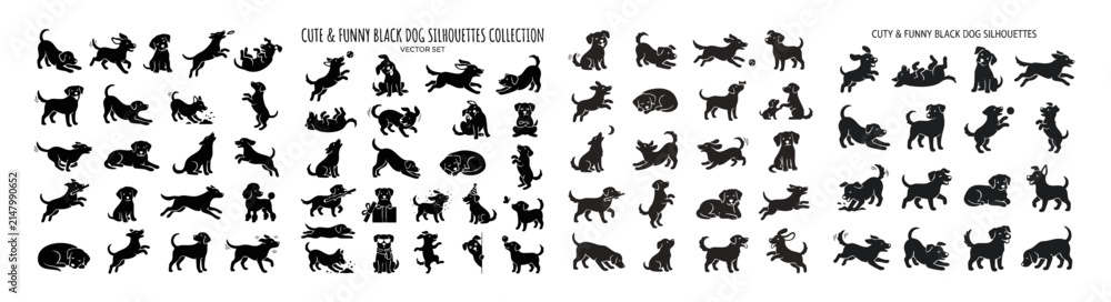 Obraz premium Cute Funny Black Dog Silhouettes Collection in Different Poses Vector Set, vector isolated on white