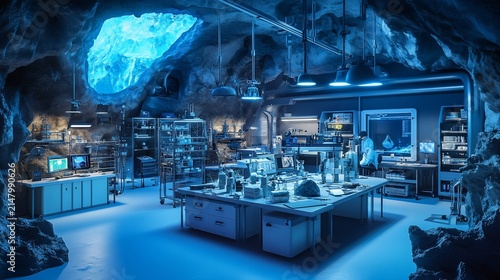 Underground lab, scientists at work, futuristic tech