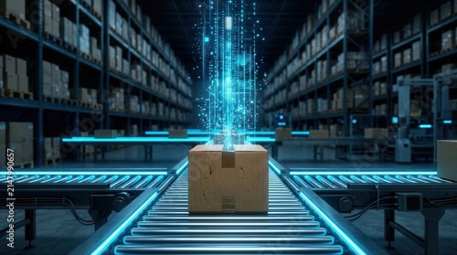 In a large modern automated warehouse facility, a cardboard box moves on a glowing blue digital conveyor belt.