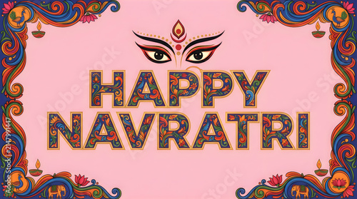 Happy navratri greeting card design with traditional patterns and goddess eyes for the auspicious durga puja festival celebration