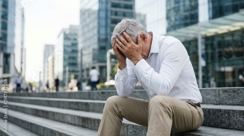 Mature person looking upset and sad sits on urban stairs, a businessman facing problems.