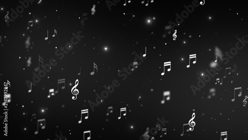 music notes and glowing lights flying on dark background ,song, black and white music and concert stream social media background