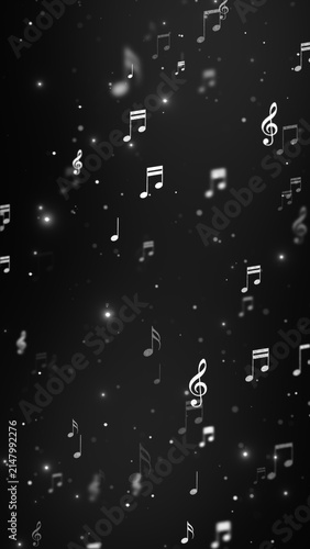 music notes and glowing lights flying on dark background ,song, black and white music and concert stream vertical social media background