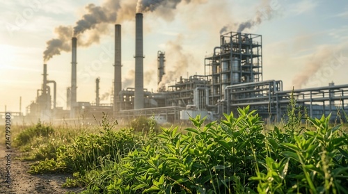 Industrial pollution affects nature badly as smoke rises from factory chimneys near growing plants.