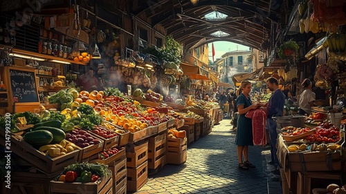 Vibrant market scene with fruits, vegetables, shoppers, and covered architecture