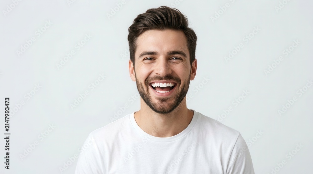 Obraz premium Hearty laugh of a young man with dark hair and beard, showing perfect white teeth against a plain light backdrop.