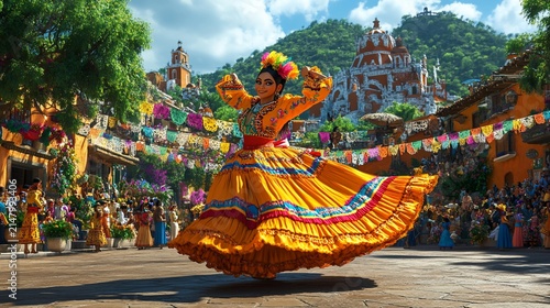 Vibrant woman in flowing yellow dress dances in a colorful Mexican town square during a festive celebration