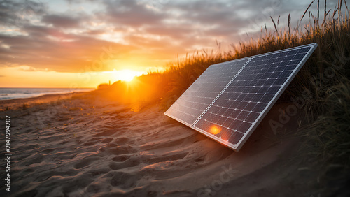 Solar Panel on Sandy Beach at Sunset - Renewable Energy Alternative