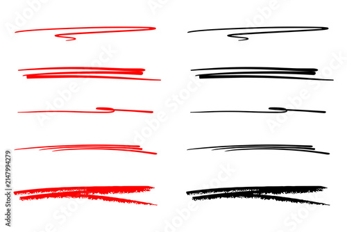 Hand drawn red and black underline set scribble stroke highlighter marker line doodle element vector illustration collection