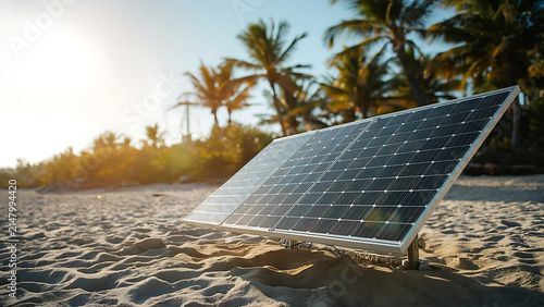 Solar Panel on Tropical Beach at Sunset: Renewable Energy, Sustainable Power, Paradise