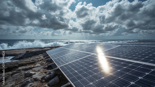 Solar panels on rocky coast near ocean waves, reflecting sunlight, clean energy concept