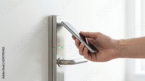 Digital entry system activated by a mobile phone near a modern smart door lock.