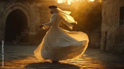 Woman in flowing white robe whirling in golden sunset light, ancient stone buildings background