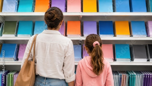  Concept de préparation à la rentrée scolaire : Mère et fille vues de dos choisissant des fournitures scolaires dans un magasin. Famille regardant des étagères pleines de cahiers colorés au supermarch