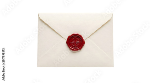 Classic cream envelope with a red wax seal isolated on transparent background