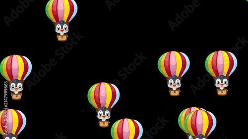 Cartoon Penguins Floating in Colorful Hot Air Balloons on Black Background