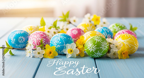 Colorful Easter Eggs and Spring Flowers on a Blue Wooden Table