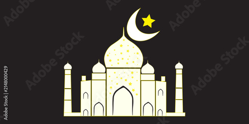 Islamic mosque vector illustration with crescent moon and star, elegant white masjid silhouette on black background, religious ramadan kareem graphic