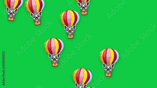 Cartoon Raccoons in Colorful Hot Air Balloons Falling on Green Screen