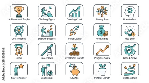 Business growth and achievement icon set featuring accomplishment trophy, coaching program, growth chart, money tree, bonus goal, reward launch, smart business, target, promotion, success, saving, mar