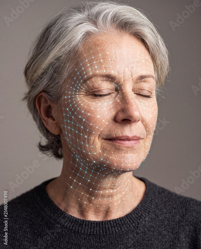 Mature skin AI wrinkle mapping scan, senior woman digital dermatology technology concept with glowing grid overlay and elasticity data points
