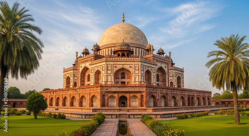 Historic Mughal mausoleum architecture with a large white dome