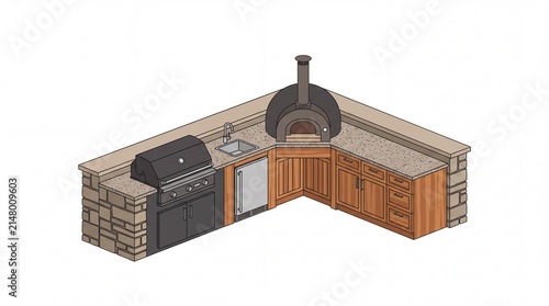 Isometric outdoor kitchen featuring stone barbecue grill, pizza oven, and sink for luxury backyard patio design