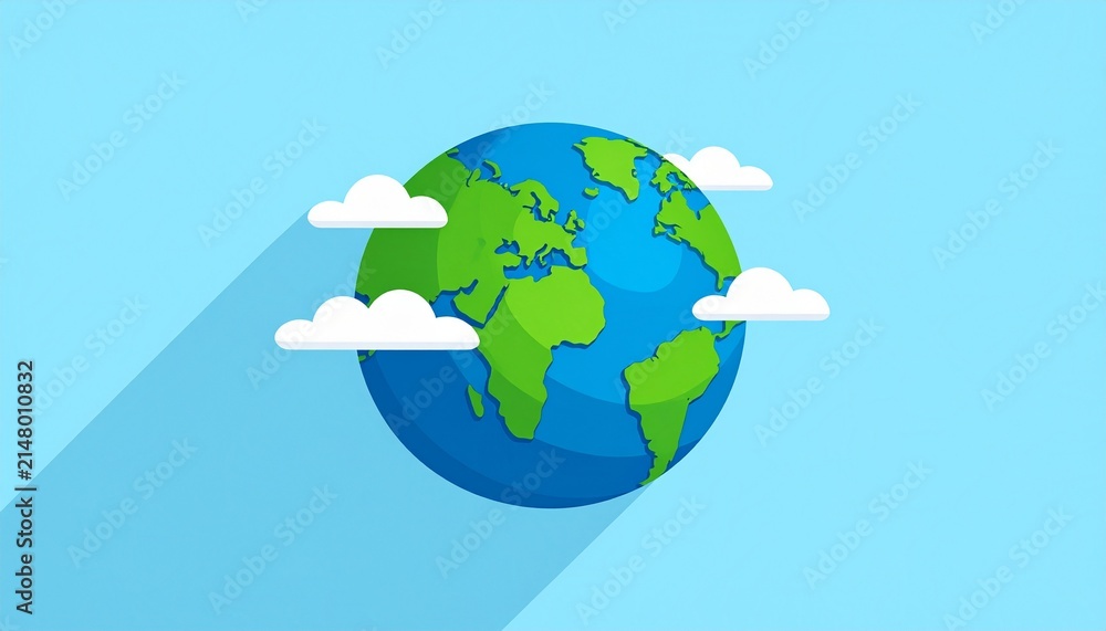Fototapeta premium A flat vector style illustration of the planet earth with clouds against a light blue background representing global environmental concept.