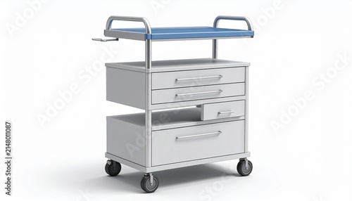 A professional medical cart with multiple storage drawers and metal structure isolated on a clean white background for clinic supply usage.