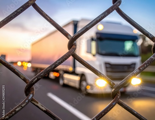 Truck Passing Through Chain Link Fence at Sunset on a Highway with Blurred Background