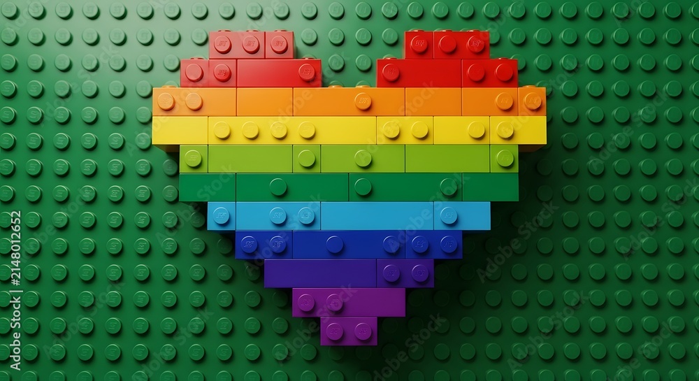 Naklejka premium Heart made of rainbow Lego bricks on a green Lego baseplate, symbolizing love and diversity