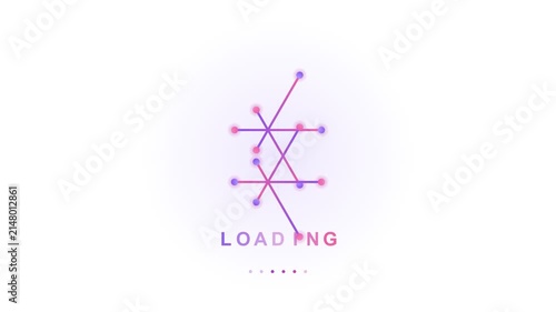 Geometric line graph node loading animation video. Connecting purple abstract dots and lines with status text for web preloader motion graphics design