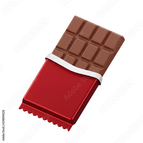 Milk chocolate bar in red foil wrapper isolated on transparent background perfect for dessert packaging design confectionery branding product mockup and advertising concept art