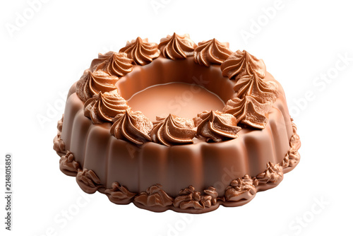 Indulgent chocolate cake topped with rich creamy frosting set against a clean white backdrop