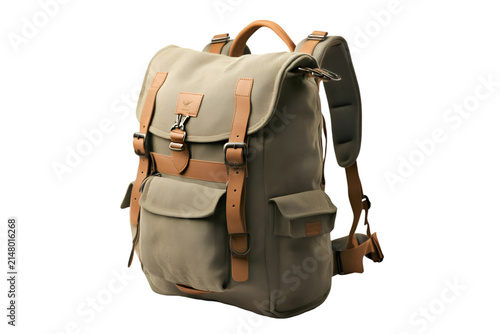Trendy olive green canvas backpack featuring leather straps and various pockets perfect for outdoor excursions