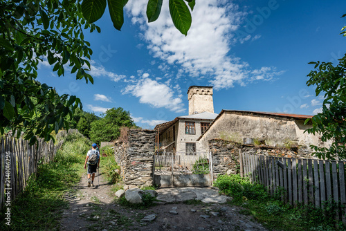 Typical Svan farm with tower, trans-Caucasian trail, Adishi, Upper Svaneti, Caucasus mountain range, Georgia