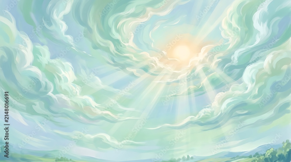 Obraz premium Sunlight Breaking Through Soft Clouds Over Rolling Green Hills