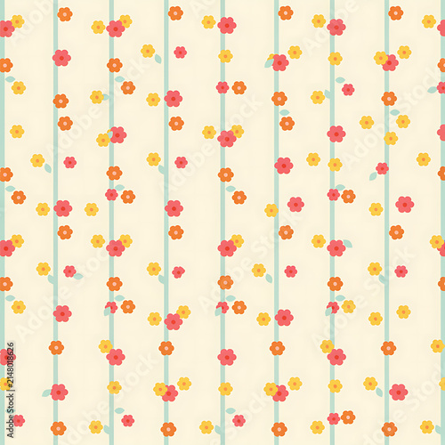 Cute floral seamless pattern vector illustration with colorful small flowers, leaves, and vertical stripes on a light background