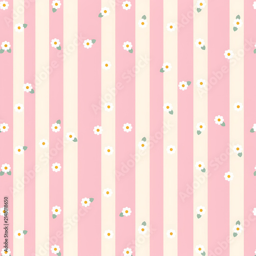 Cute daisy floral seamless pattern vector illustration with small white flowers on a pink and beige vertical striped background