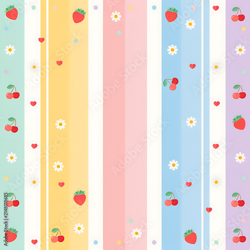 Cute pastel seamless pattern vector illustration with colorful vertical stripes, strawberries, cherries, flowers, and hearts