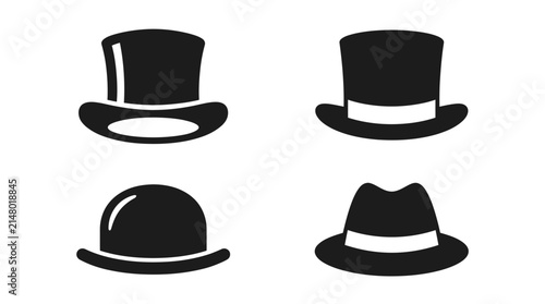 Hat icon set featuring classic top hats and fedora designs in flat black vector illustration style
