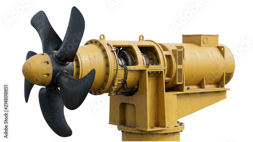фотографія Yellow industrial ship propeller with four black blades and gearbox assembly iso