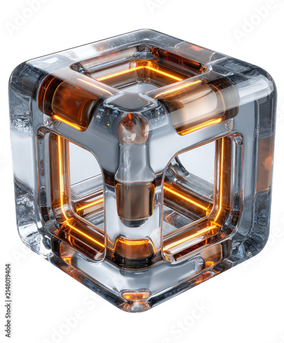 Futuristic Crystal Cube with Glowing Core: A transparent cubic structure with metallic accents encloses a brightly glowing orange core, symbolizing advanced technology and innovation.