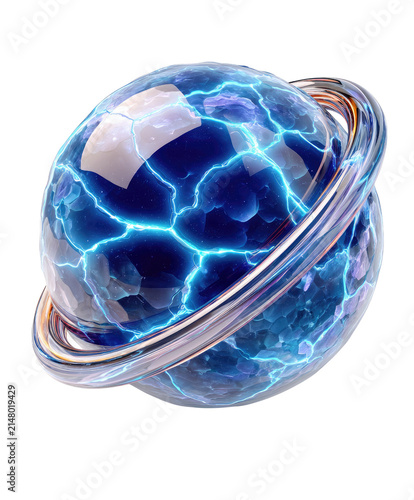Celestial Energy Orb: A luminous, cracked sphere of blue energy, resembling a planet with rings, crackles with electric lightning bolts, suggesting immense power and cosmic mystery.