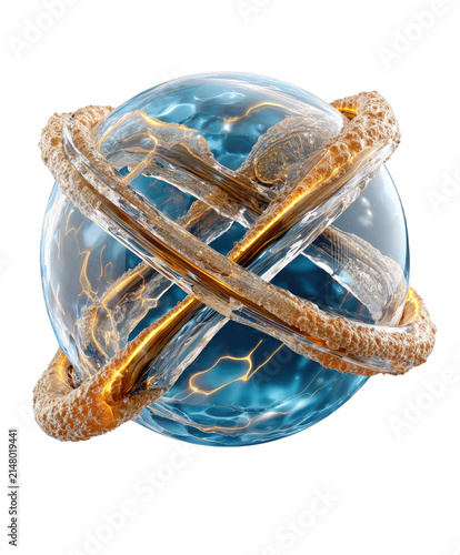 Abstract Orb of Energy: A stylized, abstract orb, rendered in vibrant blues and glowing gold, symbolizes energy, data, or a digital connection. Intertwined rings add a dynamic, futuristic feel.