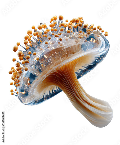 Mushroom Fantasy: A surreal, artistic mushroom rendered with a translucent cap adorned with tiny shimmering orbs, supported by a smooth, layered stem.