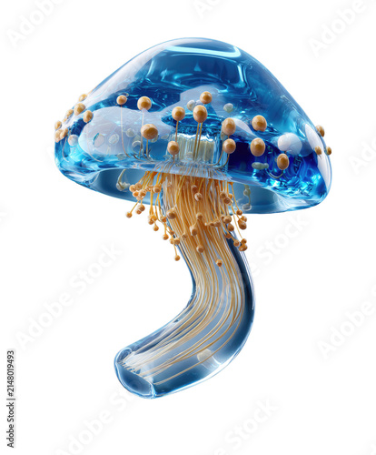 Bioluminescent Mushroom Wonder: A surreal, glowing mushroom, resembling a jellyfish, with a translucent blue cap and delicate tendrils, floats in an ethereal realm.