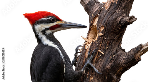 Obraz na plátne Red Crested Pileated Woodpecker Bird Perched on Tree Branch Isolated Element Tra