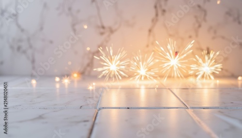 Sparkling sparklers glowing on marble surface for Lunar New Year  