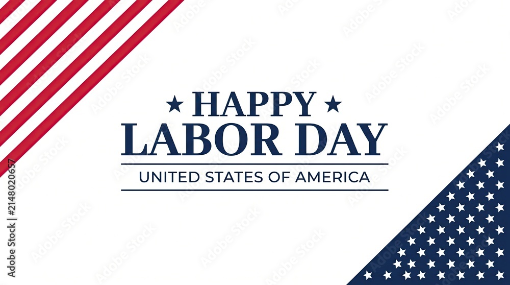 Fototapeta premium Happy labor day greeting card design with american flag pattern elements on a clean white background